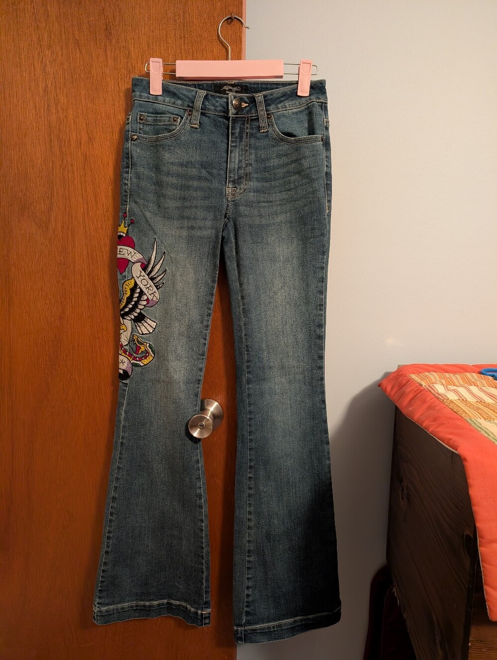 Ed Hardy Embroidered Blue Flare Jeans - Women's Denim Size 24